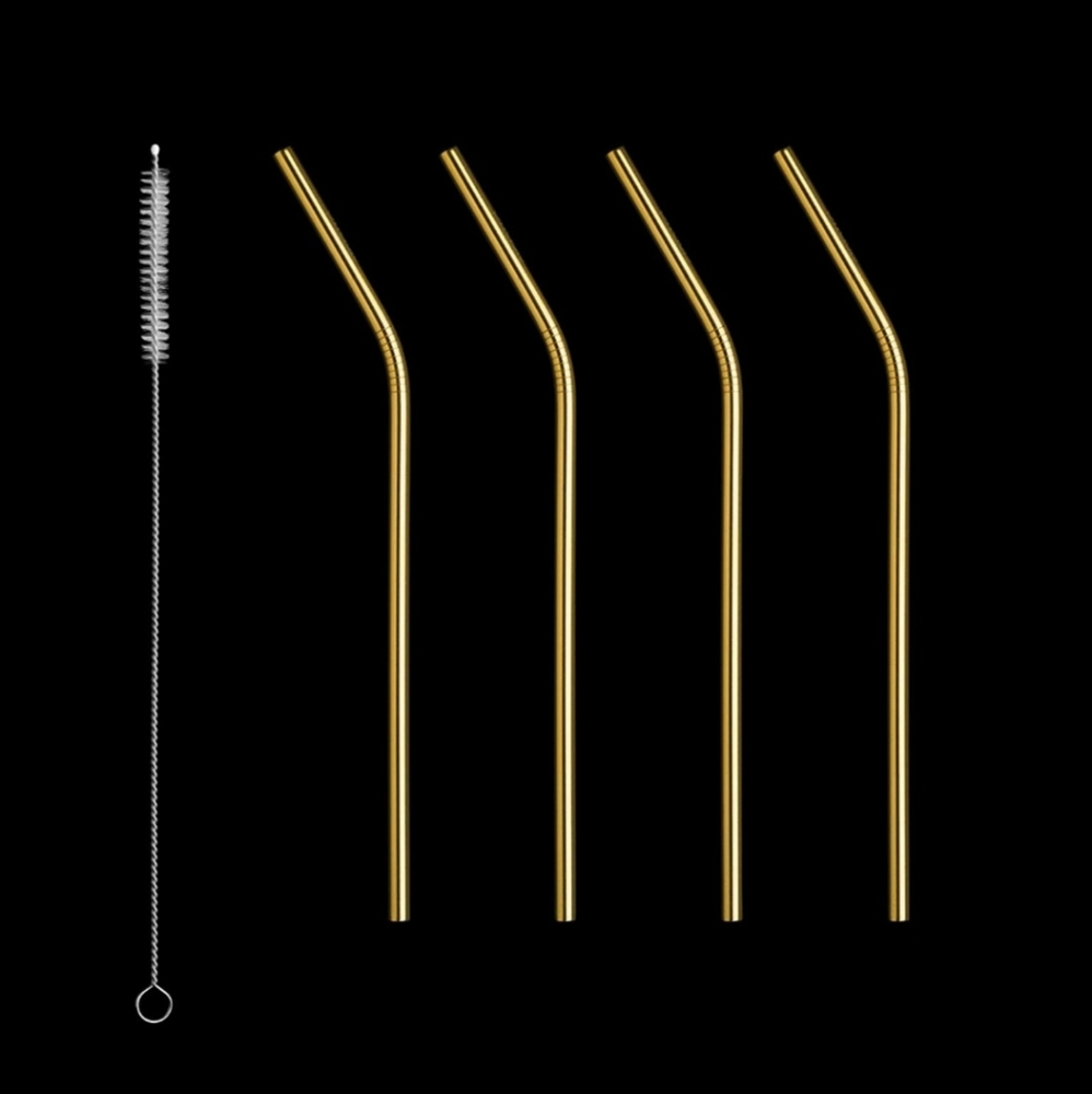 Orrefors Peak new in box 4 gold straws with scrub brush